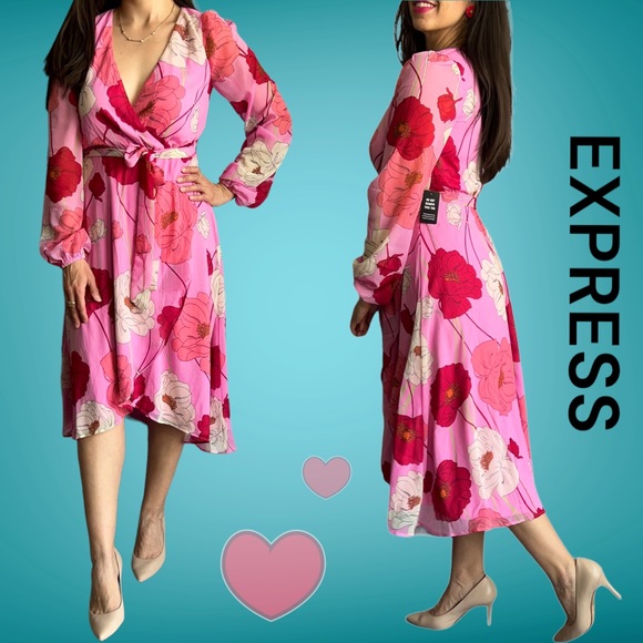 Express Dresses & Skirts - NWT Express Floral Print Long Sleeve Tie Waist Midi Dress, size XS